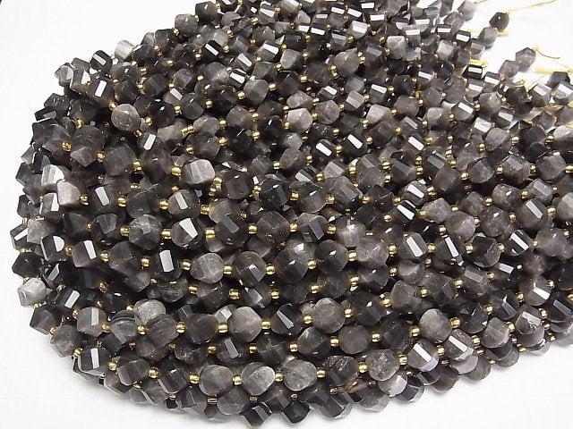 Hochwertig! Silber Obsidian AAA Drehung x Mehrere Facetten 10x8x8mm 1Strang Perlen (ca. 15Zoll/36cm)