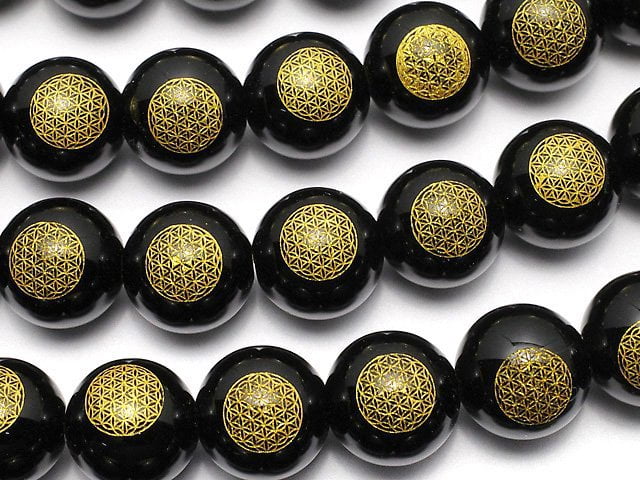 Gold! Flower of Life Carved! Onyx Round 8mm,10mm,12mm half or 1strand beads (aprx.14inch/35cm)