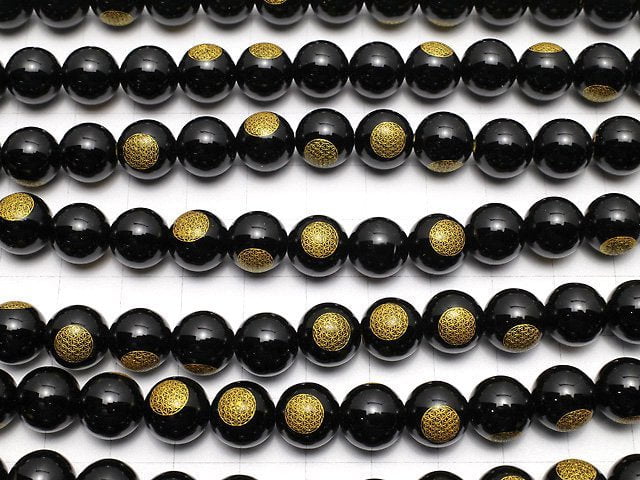 Gold! Lebensblume geschnitzt! Onyx Rund 8mm,10mm,12mm halb oder 1Strang Perlen (ca. 14inch/35cm)