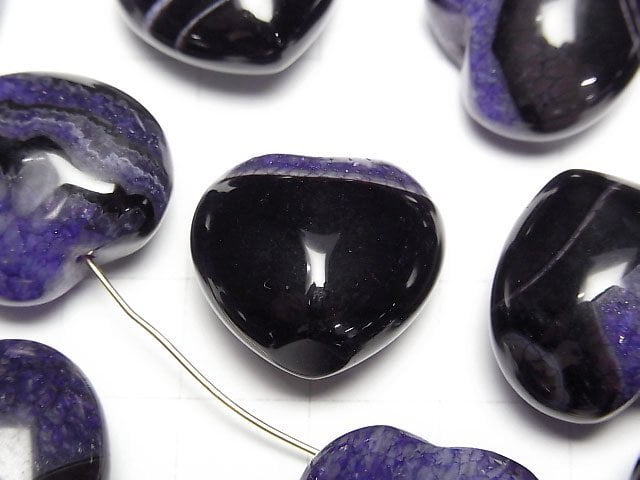 Black Agate x Purple Color Quartz Half Drilled Hole Heart 19x20mm 2pcs