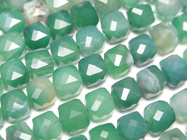 高品質!綠條紋瑪瑙方塊形 7x7x7mm 串珠 (約14英吋/34公分)