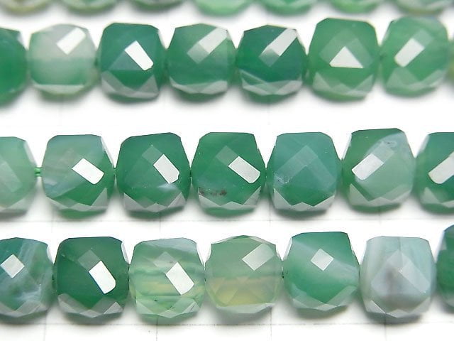 高品質!綠條紋瑪瑙方塊形 7x7x7mm 串珠 (約14英吋/34公分)