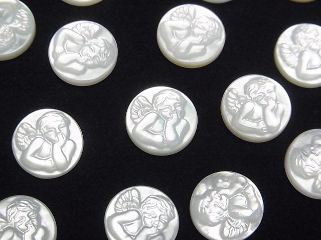 High Quality White Shell (Silver-lip Oyster) AAA Angel Carved Undrilled Coin 10x10mm 1pc