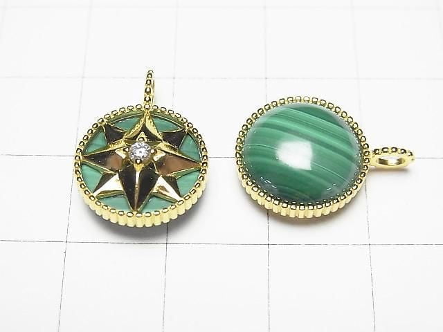 Malachite AAA Round Charm 14x14mm 18KGP 1pc