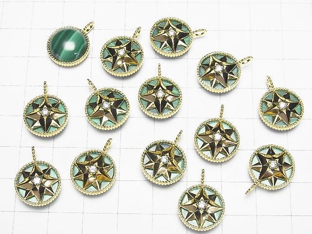 Malachite AAA Round Charm 14x14mm 18KGP 1pc