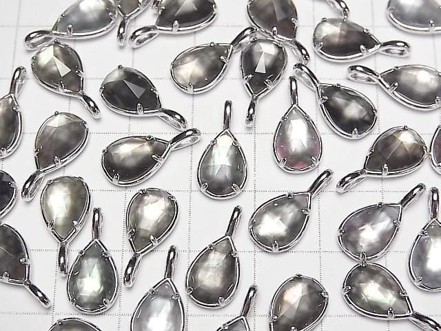 Black Shell x Crystal AAA Bezel Setting Faceted Pear Shape 12x8mm Silver925 1pc