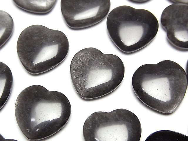 Silver Obsidian Half Drilled Hole Heart 14.5x15x4.5mm 2pcs
