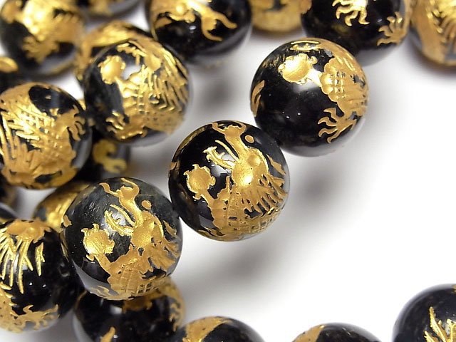 Gold! Dragon (Four Divine Beasts) Carved! Blue Tiger's Eye Round 16mm Half-strand/Bracelet