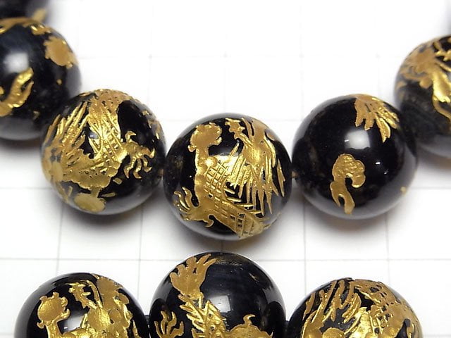 Gold! Dragon (Four Divine Beasts) Carved! Blue Tiger's Eye Round 16mm Half-strand/Bracelet