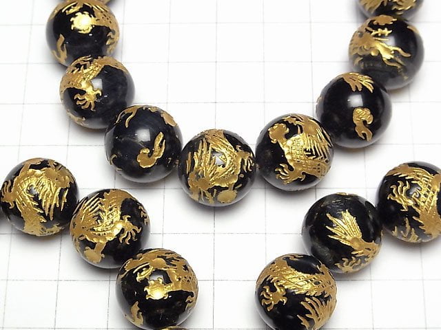 Gold! Drache (Vier göttliche Bestien) geschnitzt! Blauer Tigerauge Rund 16mm Halbstrang/Armband