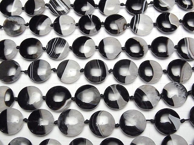 Schwarzer Achat x Quarz Münze 18x18mm halb oder 1 Strang Perlen (ca. 15 Zoll/36 cm)