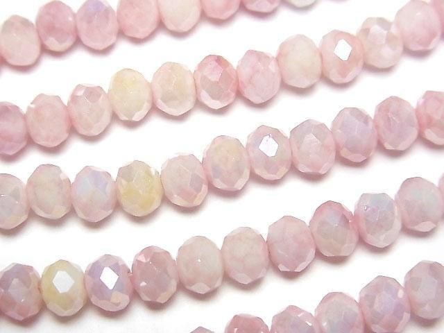 Glasperlen Facettierte Knopf-Rondelle 6x6x4.5mm Pink x Weiß AB 1 Strang Perlen (ca. 15 Zoll/37 cm)