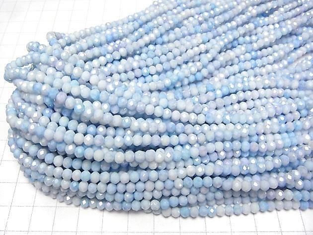 Glasperlen Facettierte Knopf-Rondelle 4x4x3.5mm Blau x Weiß AB 1 Strang Perlen (ca. 15 Zoll/38 cm)