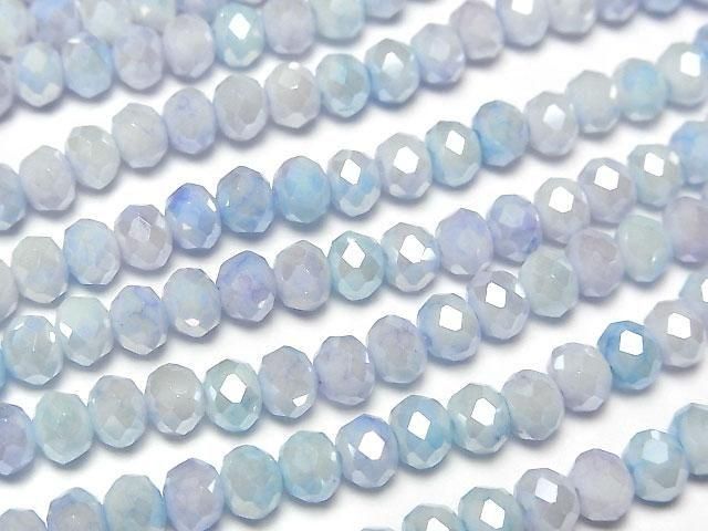 Glasperlen facettierte Knopf-Rondelle 6x6x4,5mm Blau x Weiß AB 1Strang Perlen (ca. 15 Zoll/37 cm)