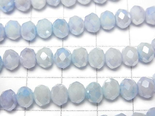 Glasperlen facettierte Knopf-Rondelle 6x6x4,5mm Blau x Weiß AB 1Strang Perlen (ca. 15 Zoll/37 cm)