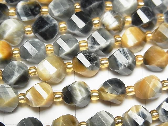 High Quality! Silver Blue & Golden Tiger's Eye AA+ Twist x Multiple Facets 8x7x7mm half or 1strand beads (aprx.15inch/36cm)