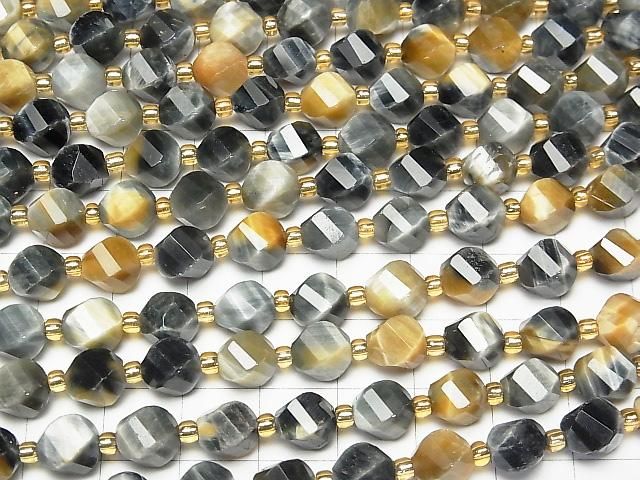 Hohe Qualität! Silberblau & Goldener Tigerauge AA+ Twist x Mehrere Facetten 8x7x7mm halb oder 1Strang Perlen (ca. 15 Zoll/36 cm)