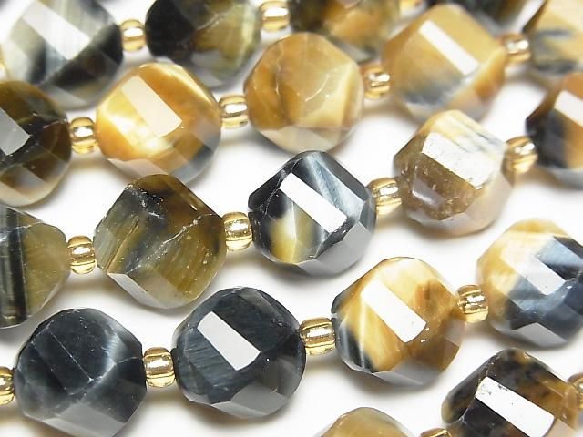 High Quality! Silver Blue & Golden Tiger's Eye AA+ Twist x Multiple Facets 10x9x9mm half or 1strand beads (aprx.15inch/36cm)