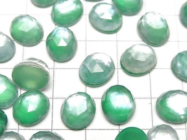 Grüner Onyx x Weißes Muschel x Kristall AAA- Oval Rose Cut 12x10mm 2 Stück