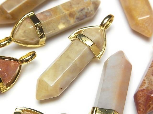 Fossiles Korallen Doppelspitzen Anhänger 32x8x8mm Goldfarbe 3Stück
