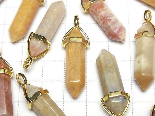 Fossiles Korallen Doppelspitzen Anhänger 32x8x8mm Goldfarbe 3Stück