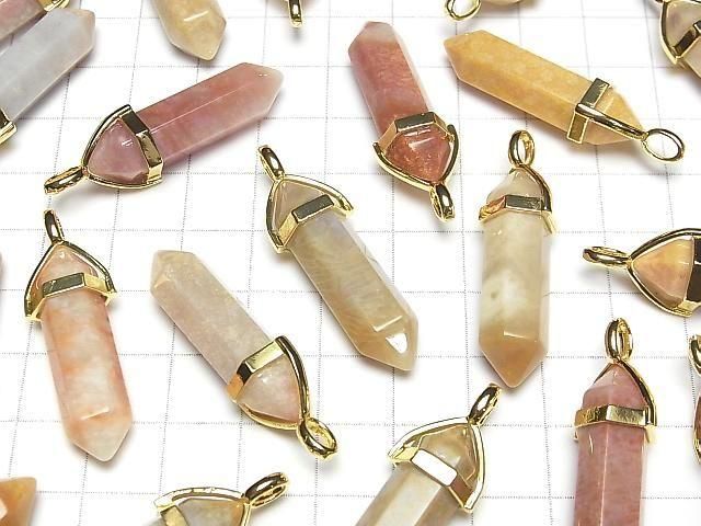 Fossiles Korallen Doppelspitzen Anhänger 32x8x8mm Goldfarbe 3Stück