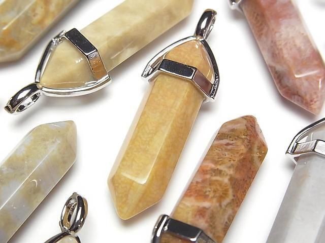 Fossiles Korallen Doppelspitzen Anhänger 32x8x8mm Silberfarbe 3Stück