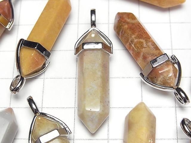 Fossiles Korallen Doppelspitzen Anhänger 32x8x8mm Silberfarbe 3Stück