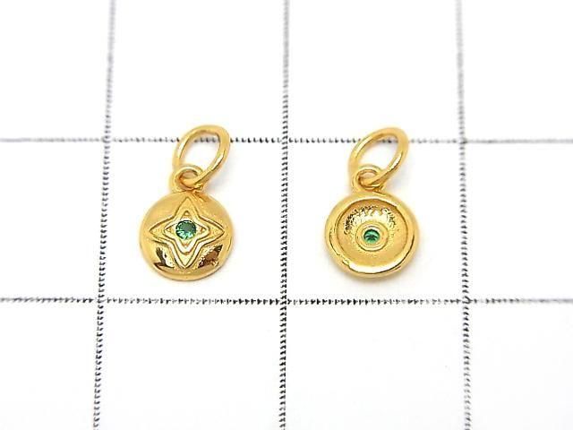 Silver 925 Jump Ring Charm with Coin (7x5x1.5mm with CZ), 18KGP, 2pcs