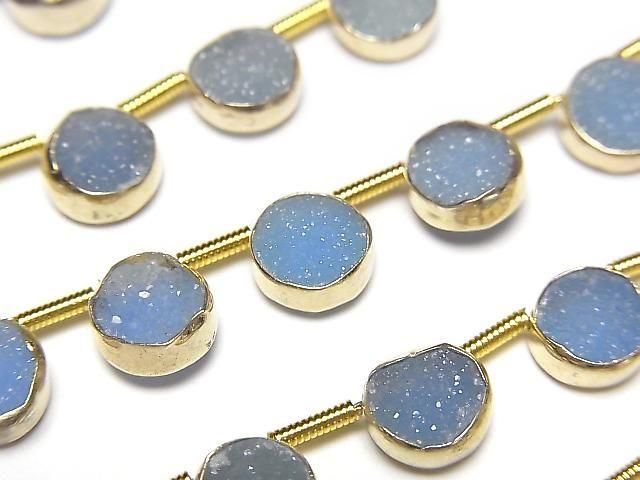 Druzy-Achat Fassung Münze 7x7mm Blau halb oder 1Strang Perlen (ca. 7 Zoll/18 cm)