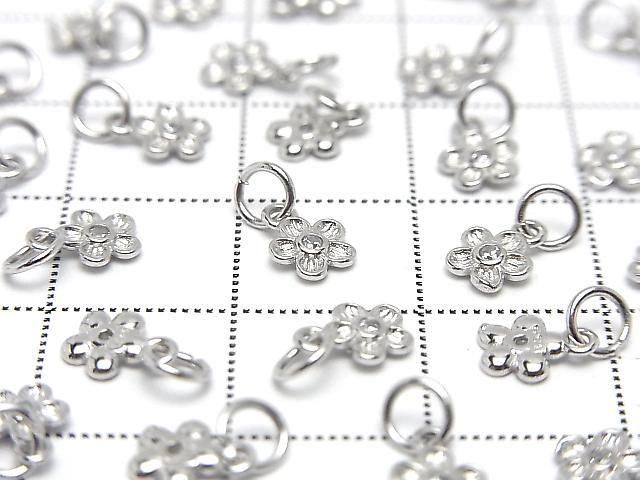 Silver 925 Jump Ring with Flower Charm 6.5x5x1mm (with CZ), Rhodium Plated, 2pcs