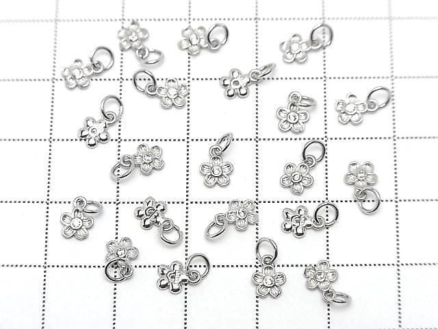 Silver 925 Jump Ring with Flower Charm 6.5x5x1mm (with CZ), Rhodium Plated, 2pcs