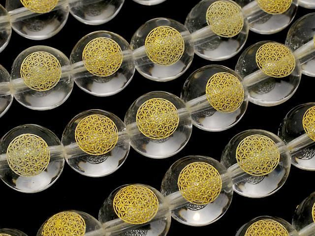 金色!生命之花雕刻水晶(合成石英)AAA 圓形 8毫米 10毫米 12毫米 半串或1串