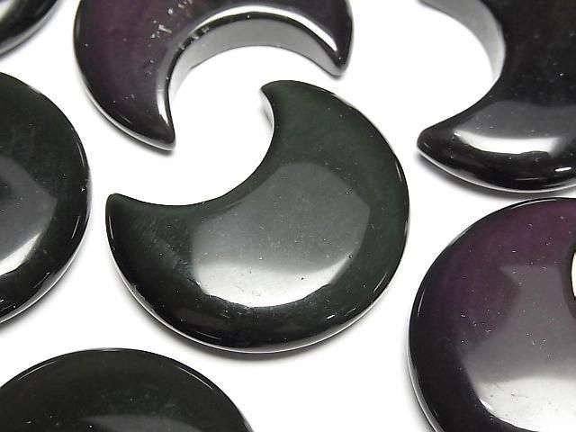 Schwarzer Regenbogenobsidian Mondmotiv 32x28mm 2 Stück