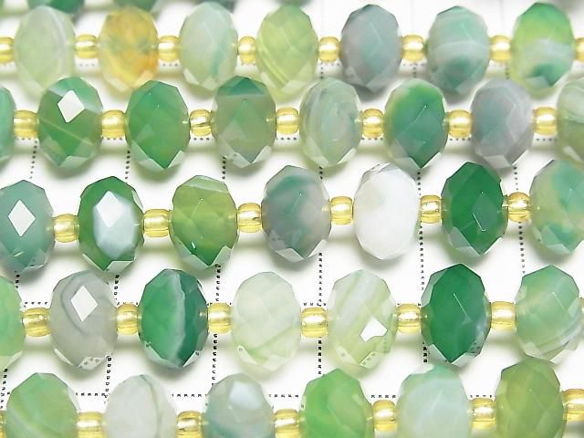 Hochwertig! Grüner Gestreifter Achat Facettiert Knopf Rondelle 9.5x9.5x6.5mm 1Strang Perlen (ca. 15 Zoll/37 cm)