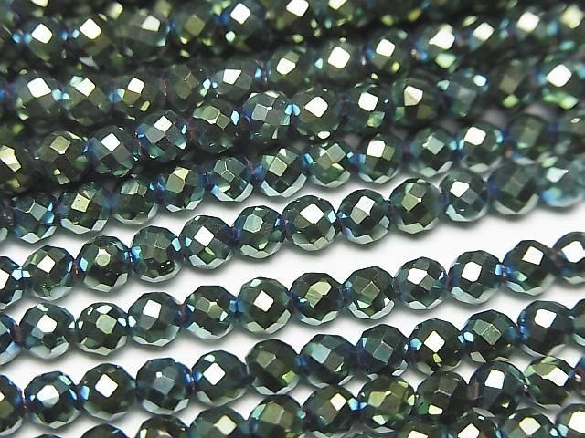 赤鐵礦 32刻面圓珠 4毫米 金屬綠色 1串珠子 (約15英吋/37公分) 高品質!