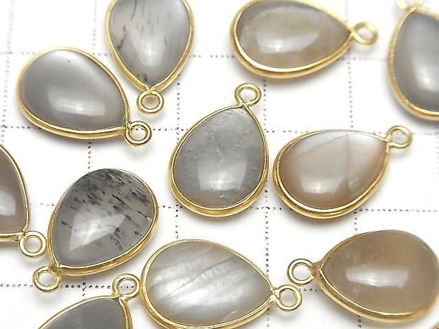 Braun-Grauer Mondstein AA++ Zargenfassung Birnenform 15x11mm 18KGP 2Stück