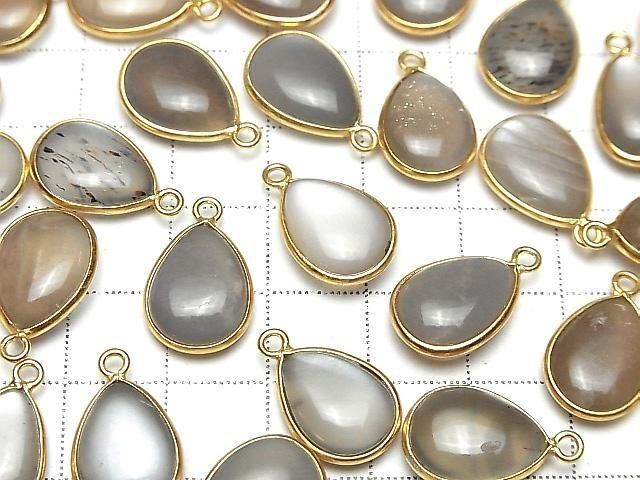 Braun-Grauer Mondstein AA++ Zargenfassung Birnenform 15x11mm 18KGP 2Stück