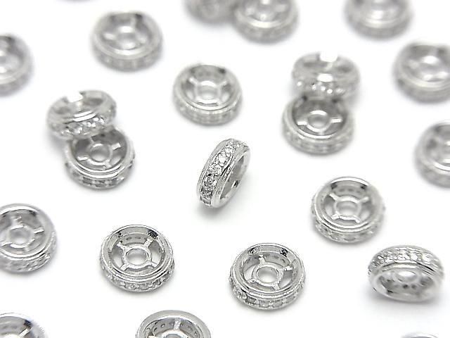 925純銀扁珠 6x6x2公釐(鑲嵌鋯石) 鍍銠 2顆