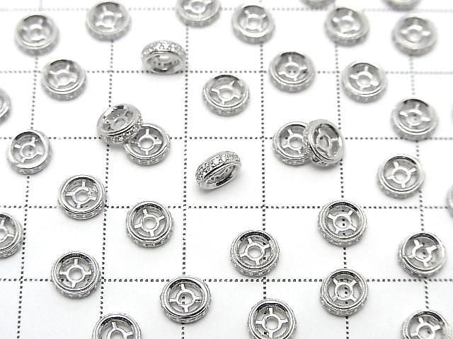925純銀扁珠 6x6x2公釐(鑲嵌鋯石) 鍍銠 2顆