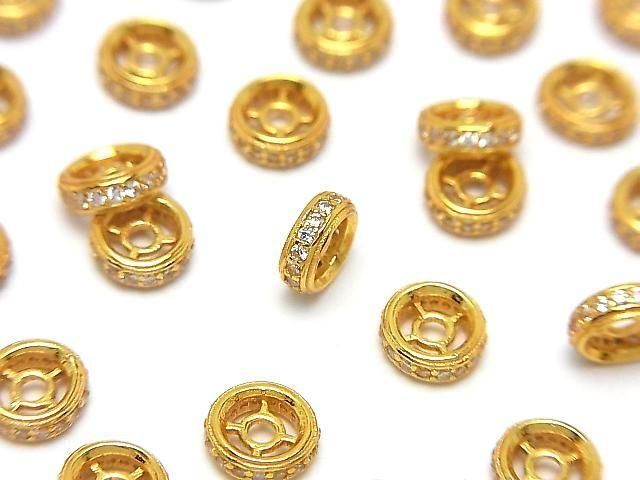 925純銀扁珠 6x6x2公釐(鑲嵌鋯石) 鍍18K金 2顆