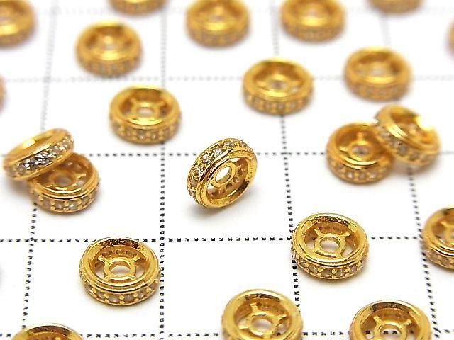 925純銀扁珠 6x6x2公釐(鑲嵌鋯石) 鍍18K金 2顆