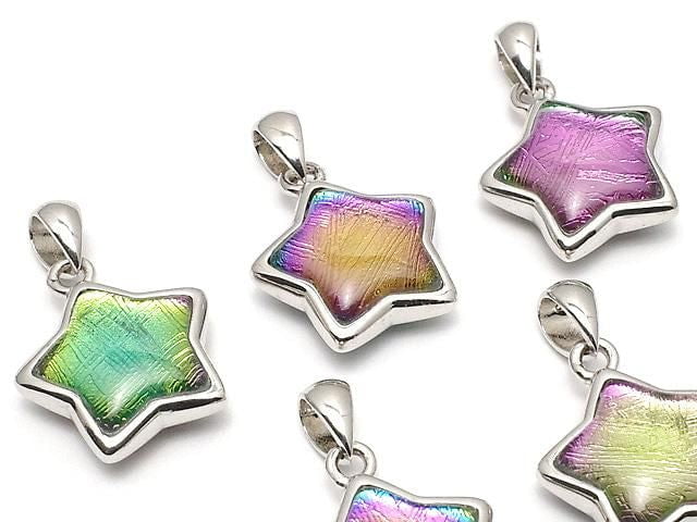 Meteoriten (Muonionalusta) Stern Anhänger 13x13mm Regenbogenfarbe Silber925 1 Stück
