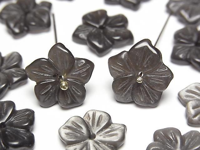 Silberner Obsidian Blume 14mm Zentrum Loch 2 Stück