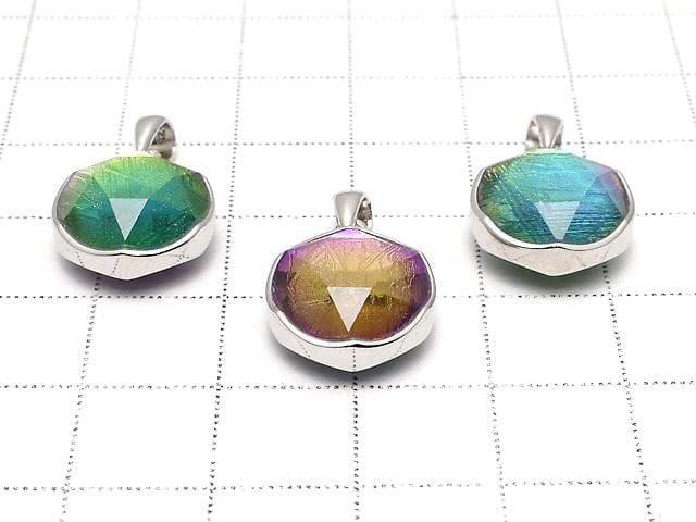 Meteoriten (Muonionalusta) Anhänger Beidseitig Fertig 13mm Regenbogenfarbe Silber 925 1 Stück