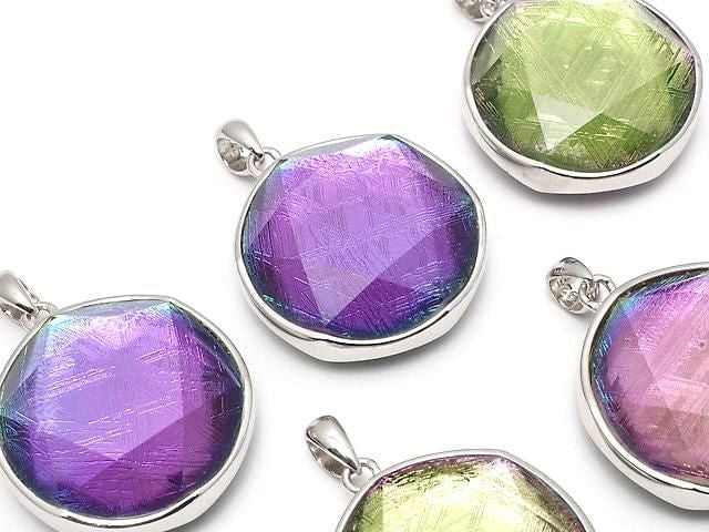 Meteorite (Muonionalusta) Pendant Both Side Finish 22mm Rainbow Color Silver 925 1pc