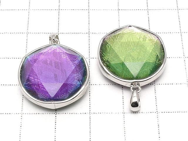 Meteorite (Muonionalusta) Pendant Both Side Finish 22mm Rainbow Color Silver 925 1pc
