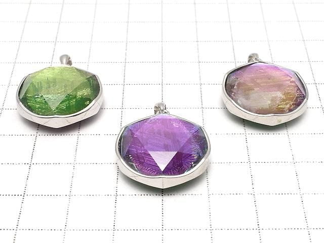 Meteorite (Muonionalusta) Pendant Both Side Finish 22mm Rainbow Color Silver 925 1pc