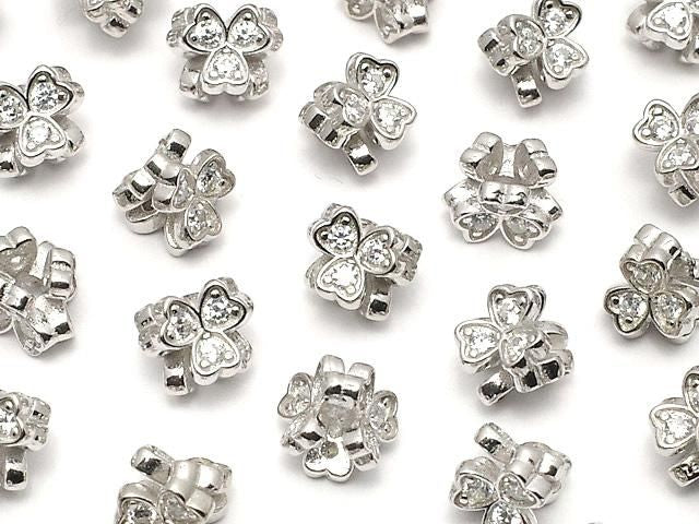 Silver 925 Clover Rondelle 5x5x4.5mm (with CZ) Rhodium Plated 2pcs