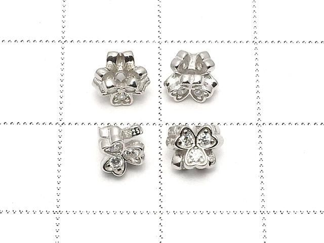 Silver 925 Clover Rondelle 5x5x4.5mm (with CZ) Rhodium Plated 2pcs